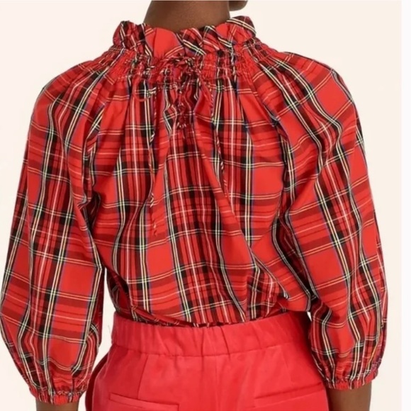 J. Crew Plaid Smocked Blouse Red Size XS - Picture 3 of 15